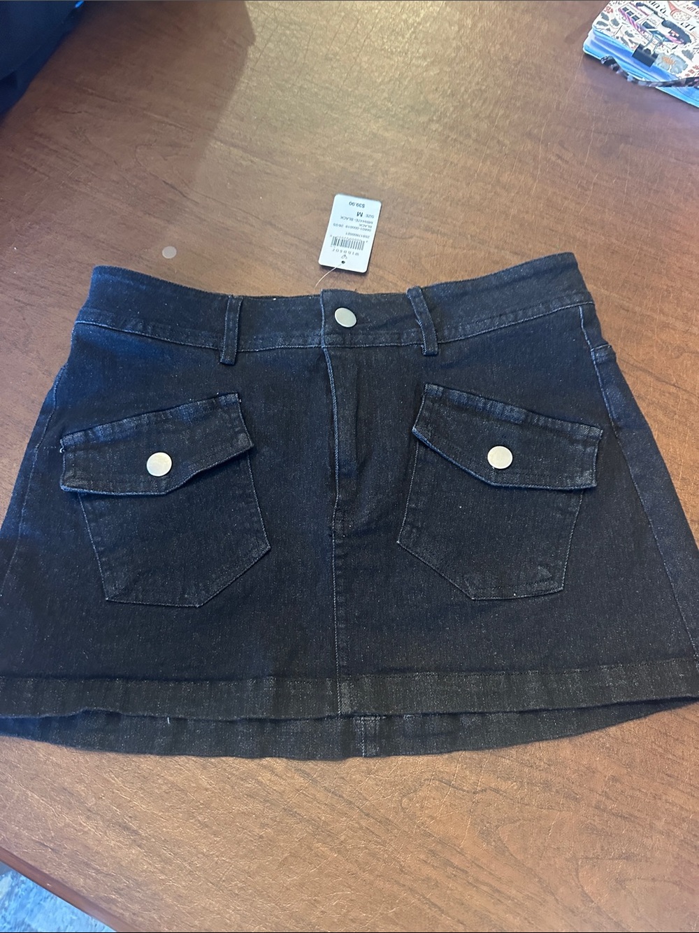 Windsor Black Denim Mini Skirt with Snap-Flap Pockets
